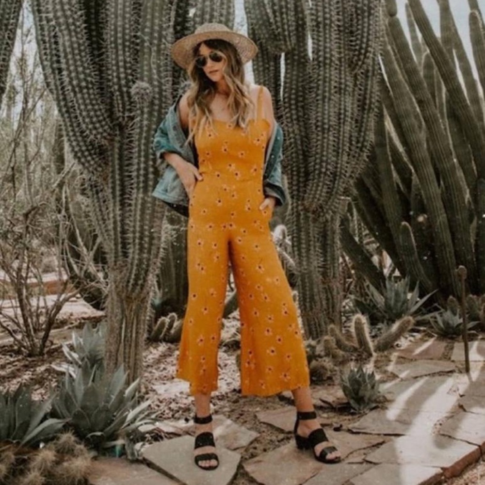 Faithfull the Brand Mustard Yellow Floral Wide-Leg Jumpsuit